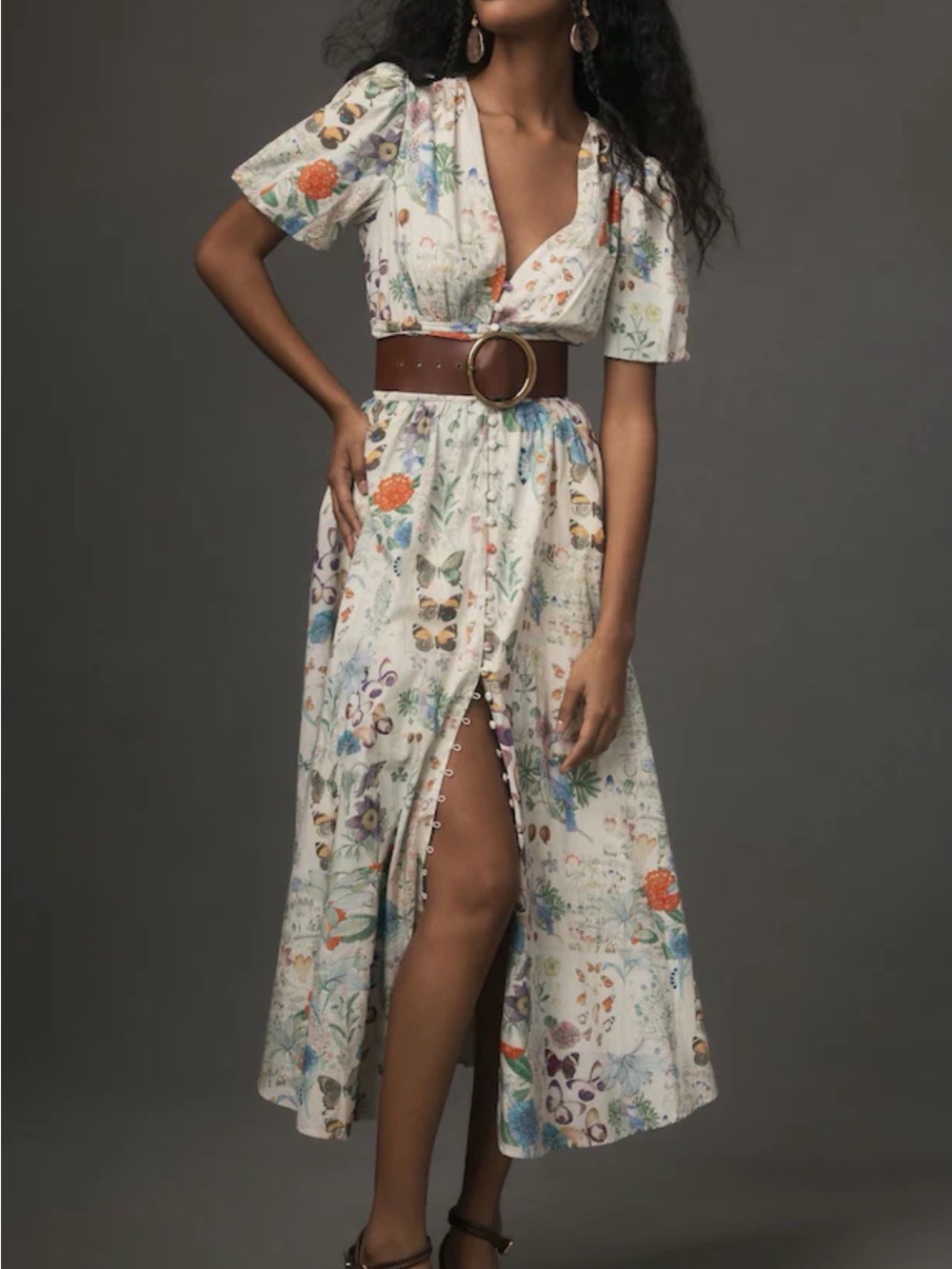 Anthropologie Ivory Floral Midi Dress with Multicolor Print